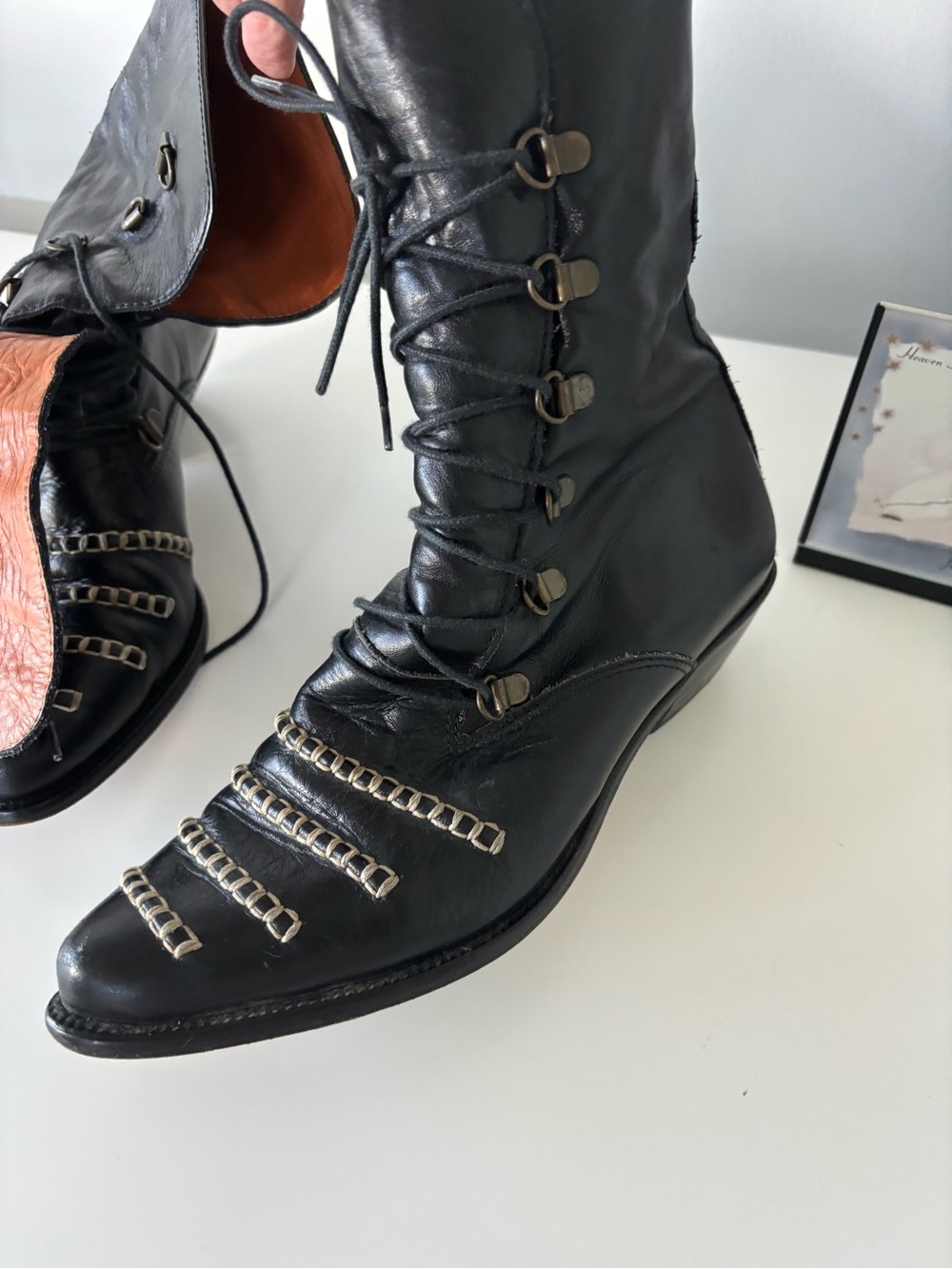 Black Leather Lace-Up Western Ankle Boots - Picture 2 of 5